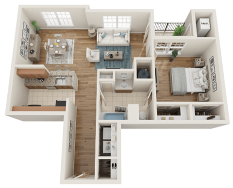Floor plan for 1 bed, 1 bath, 855 sqft